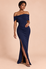 Robe longue bleu marine style Bardot, nœud et fente haute | Vue de face | Lounelle Paris