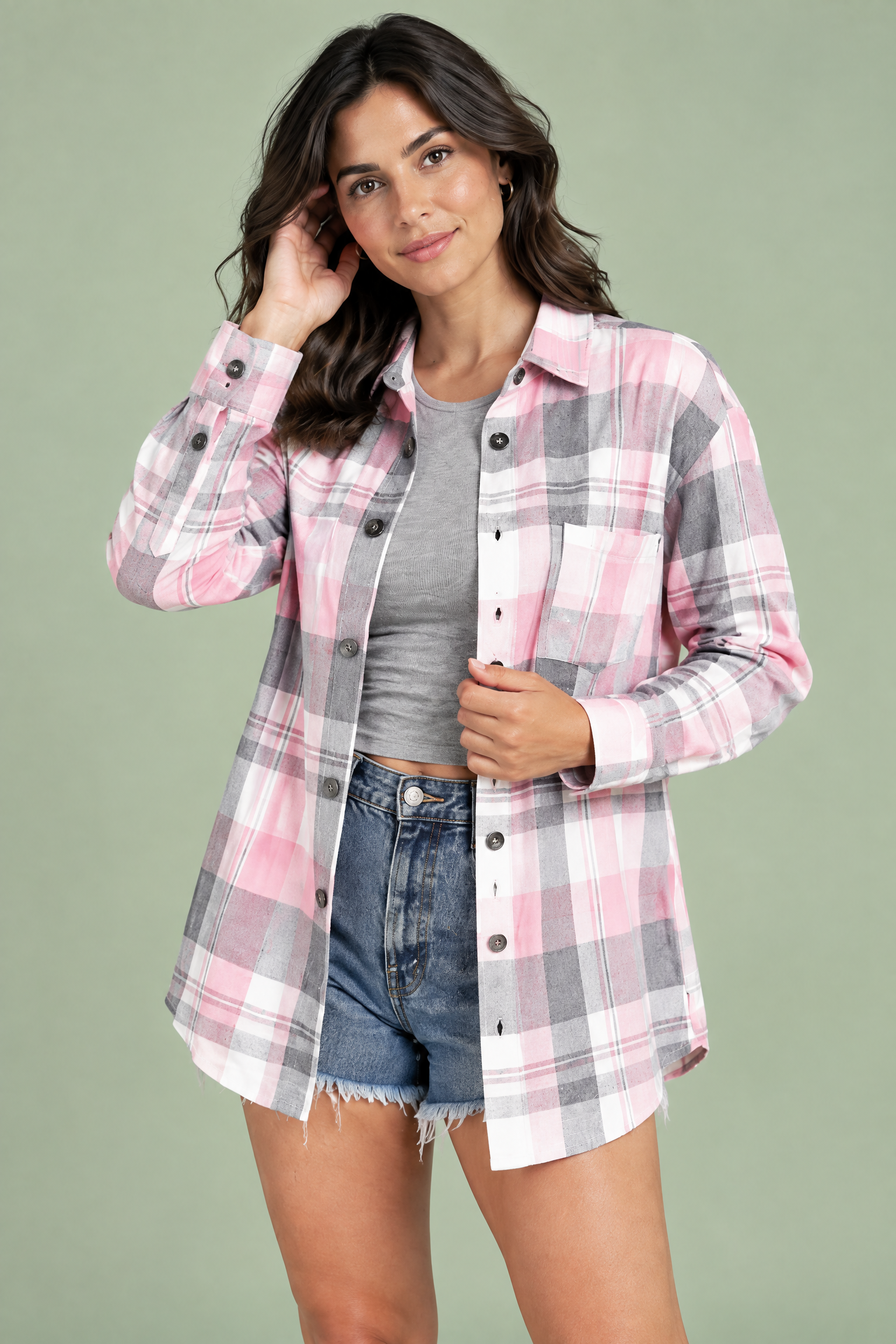 Chemise oversize boutonnée à carreaux rose | Vue rapprochée | Lounelle Paris