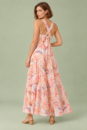 Robe midi rose à imprimé porcelaine et encolure carrée | Vue de dos | Lounelle Paris