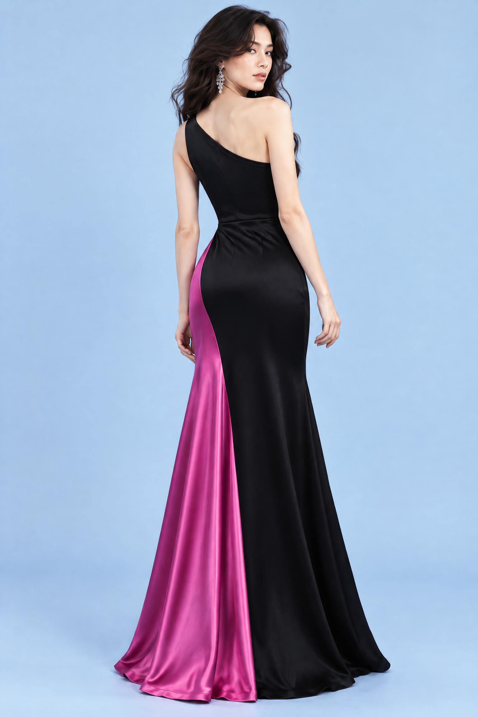 Robe longue noire et rose magenta à une épaule | Vue de dos | Lounelle Paris