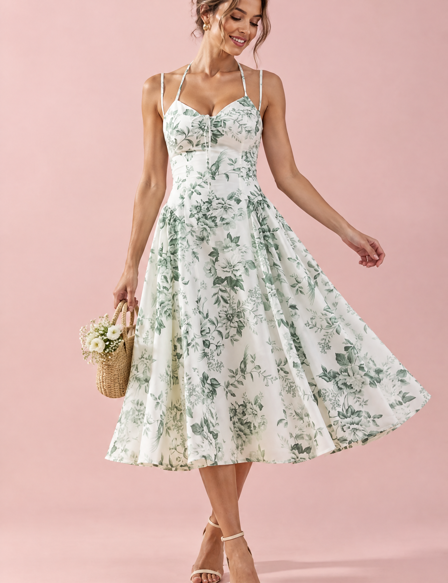 Robe midi blanche à imprimé floral, décolleté cœur et fronces | Vue de face | Lounelle Paris