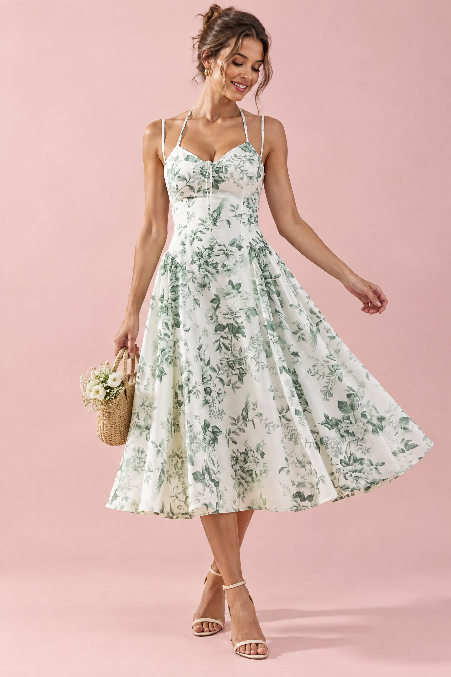 Robe midi blanche à imprimé floral, décolleté cœur et fronces | Vue de face | Lounelle Paris