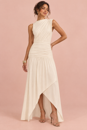 Robe longue blanc cassé à col montant et détails froncés | Vue de face | Lounelle Paris
