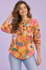 Orange Printed Waffle Top