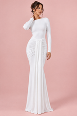 White Wide-Neck Maxi-Dress With Gathered-Detailing