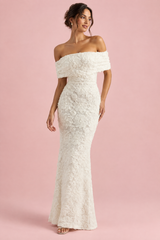 White Lace Bardot-Neck Maxi Dress