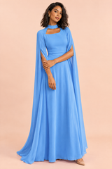Royal Blue Square-Neck Maxi Dress With Cape Sleeves