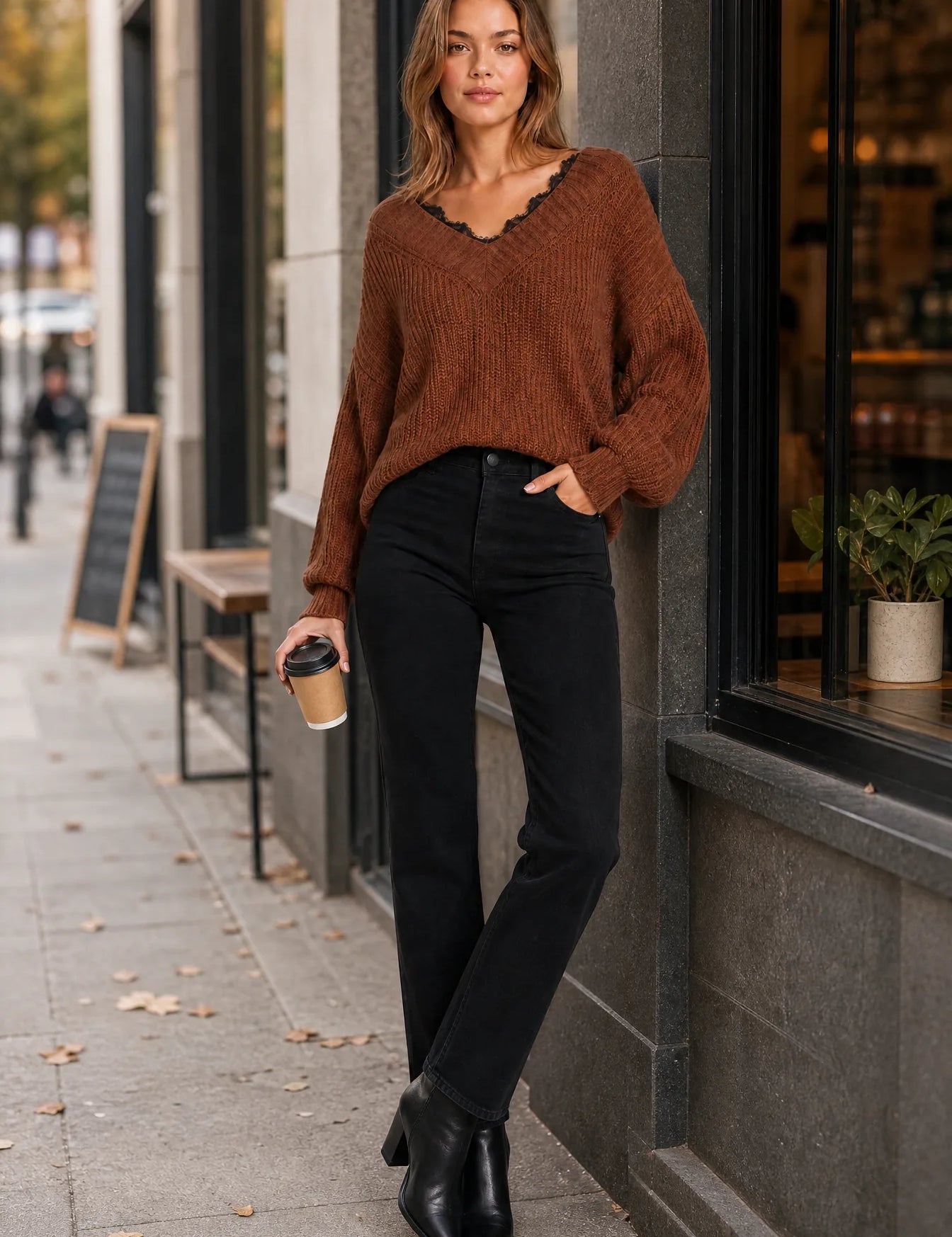 Pull col V à dentelle | Photo lifestyle | Lounelle Paris