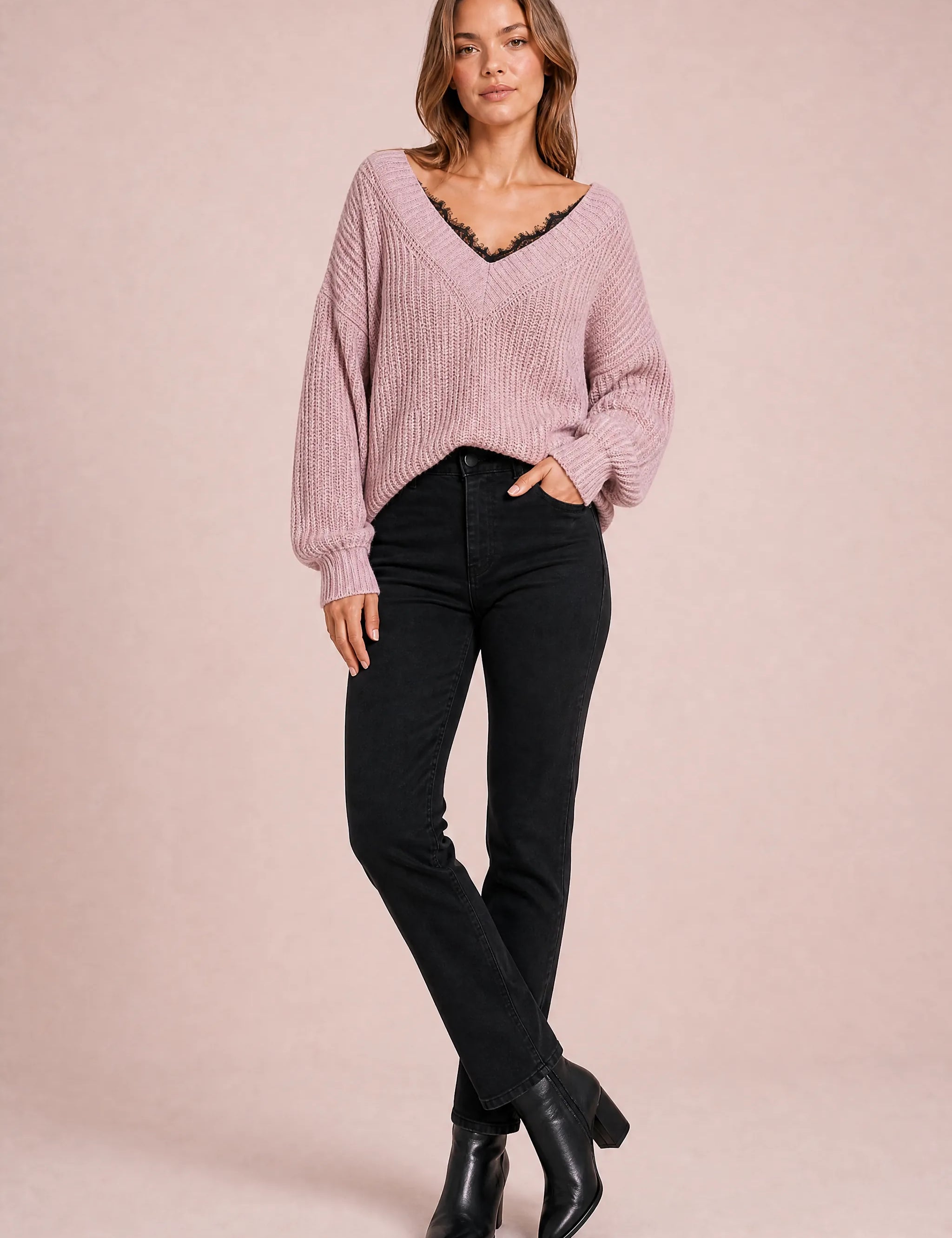 Pull col V à dentelle | Variante Rose | Lounelle Paris