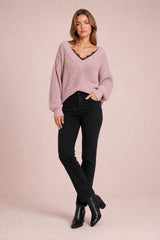 Lace-Trim V-Neck Sweater