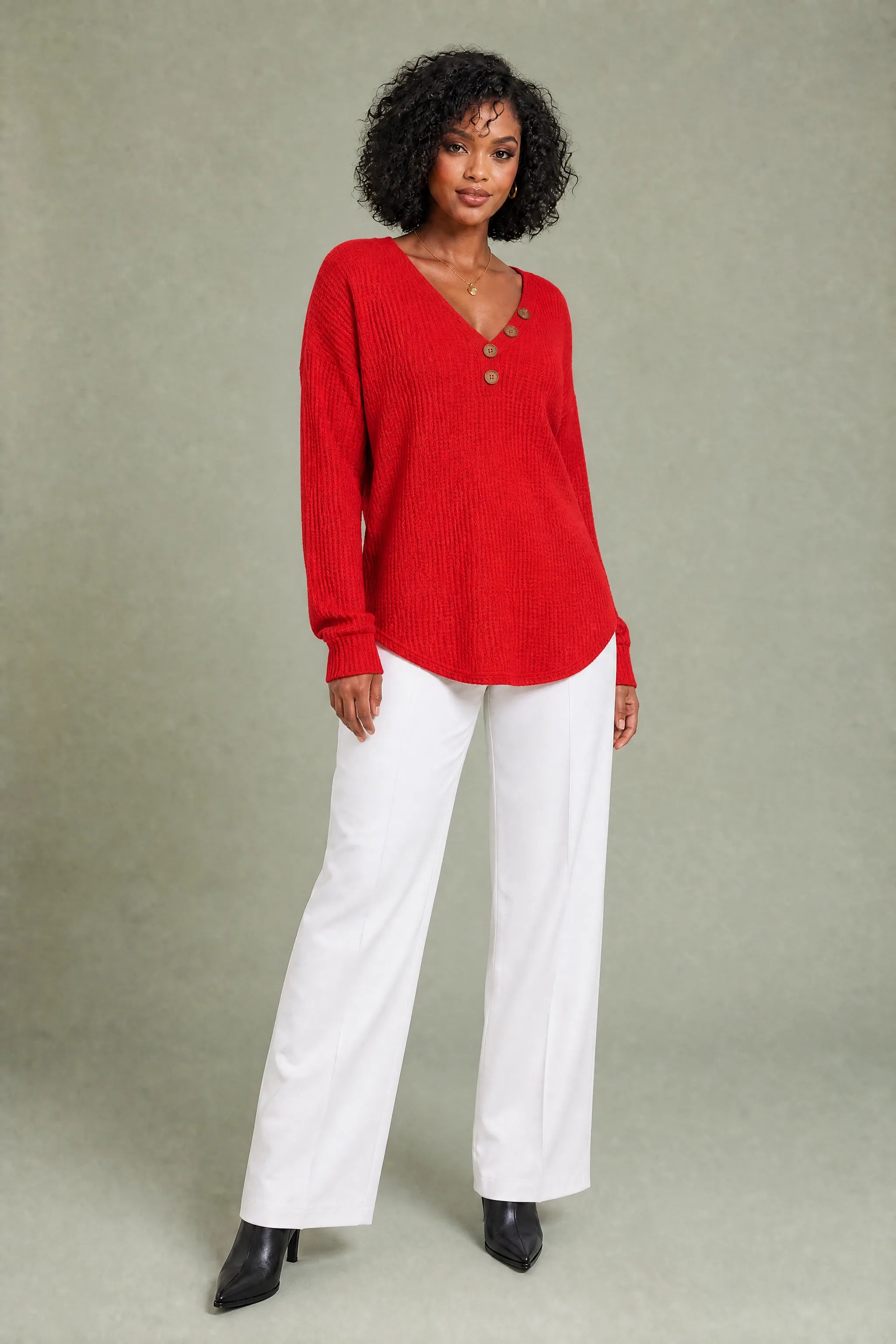 Pull col V maille gaufrée | Variante Rouge | Lounelle Paris