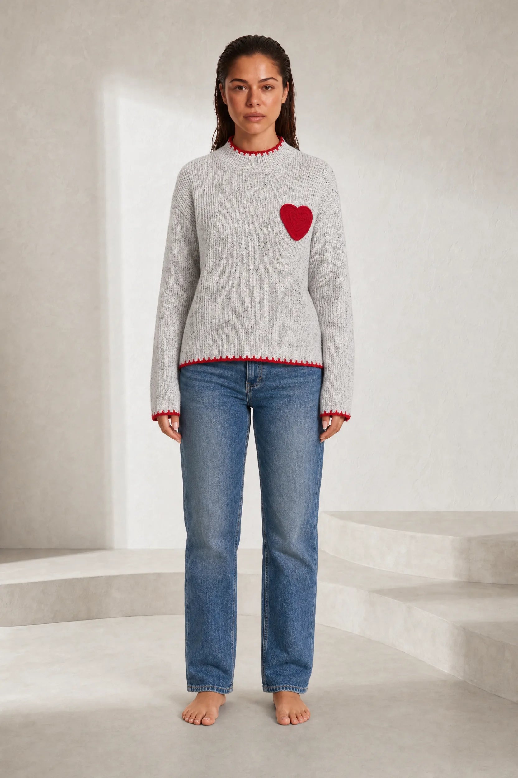 Pull gris col montant motif cœur | Lounelle Paris