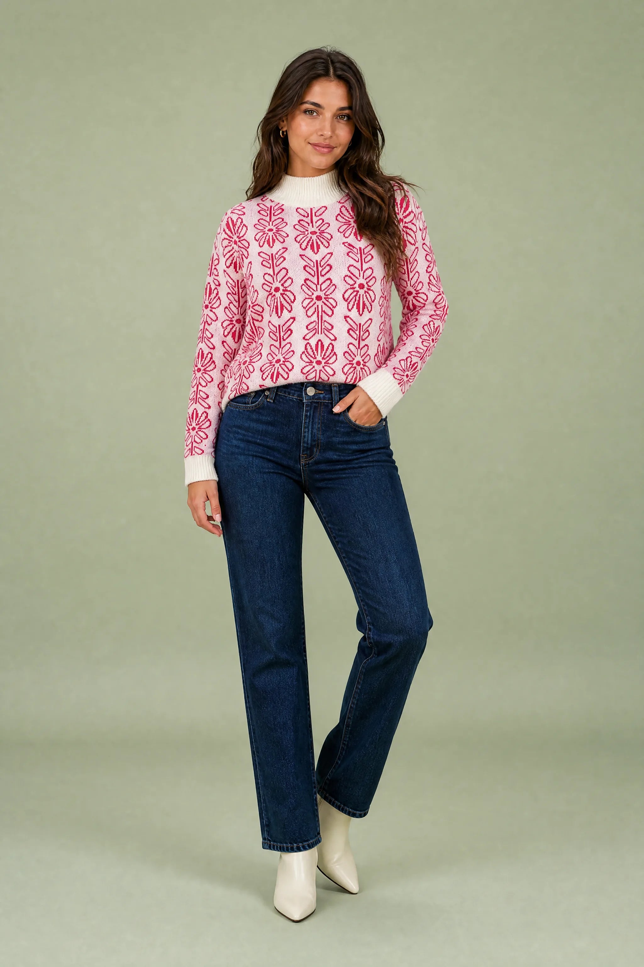 Pull rose jacquard col montant | Vue de face | Lounelle Paris
