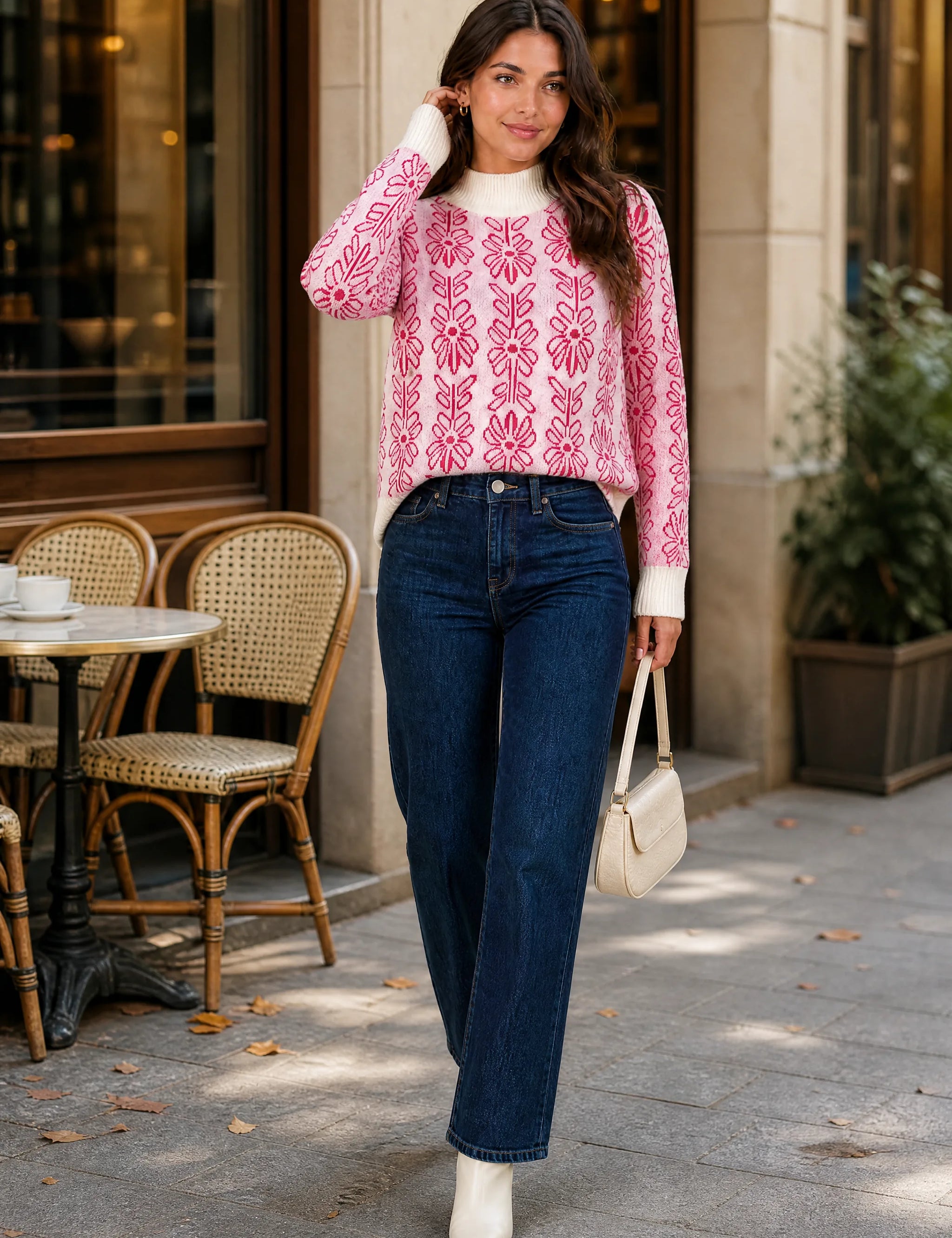 Pull rose jacquard col montant | Photo lifestyle | Lounelle Paris