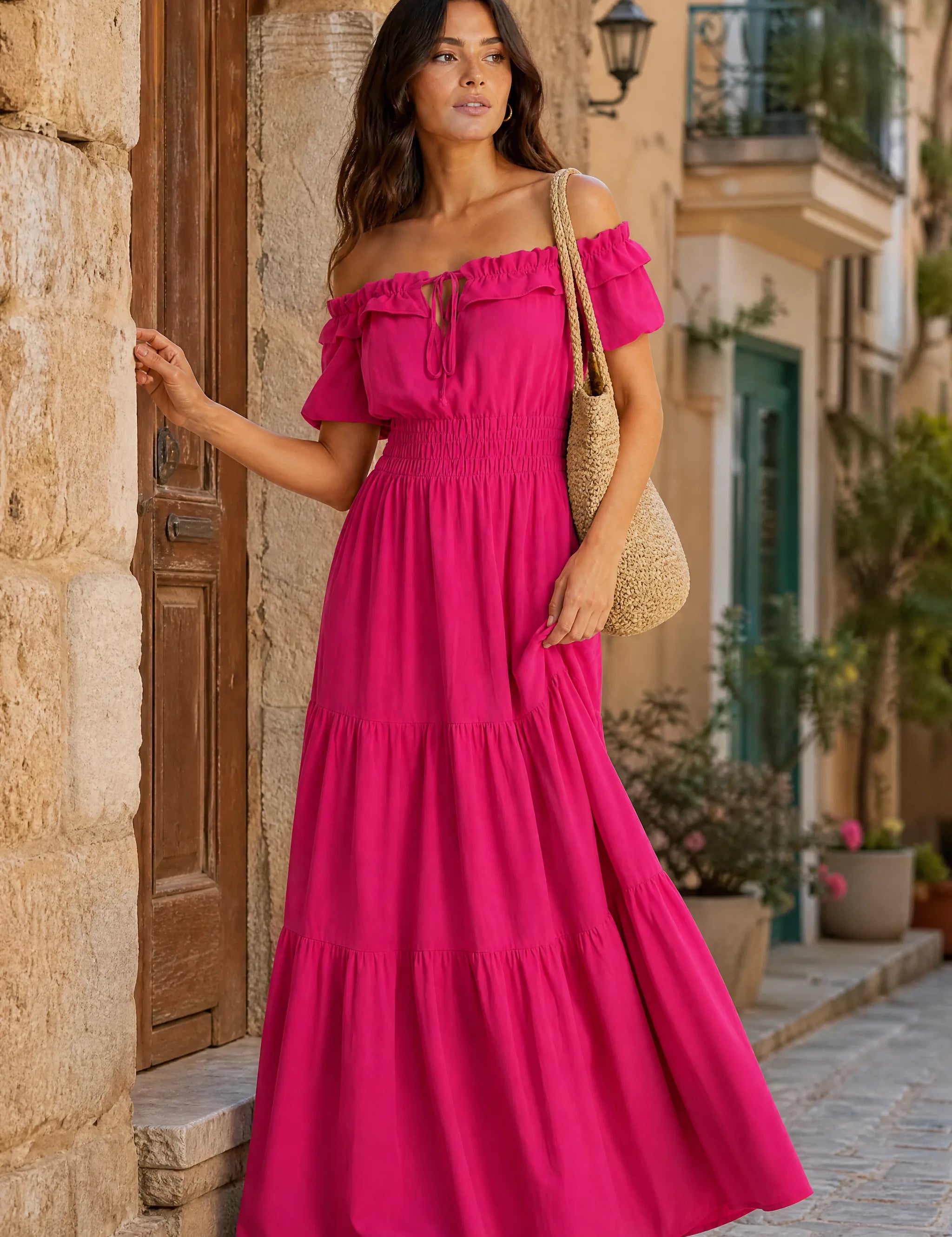 Robe à volants épaules dénudées | Photo lifestyle | Lounelle Paris