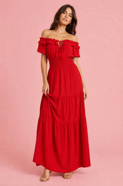 Robe à volants épaules dénudées | Variante Rouge | Lounelle Paris
