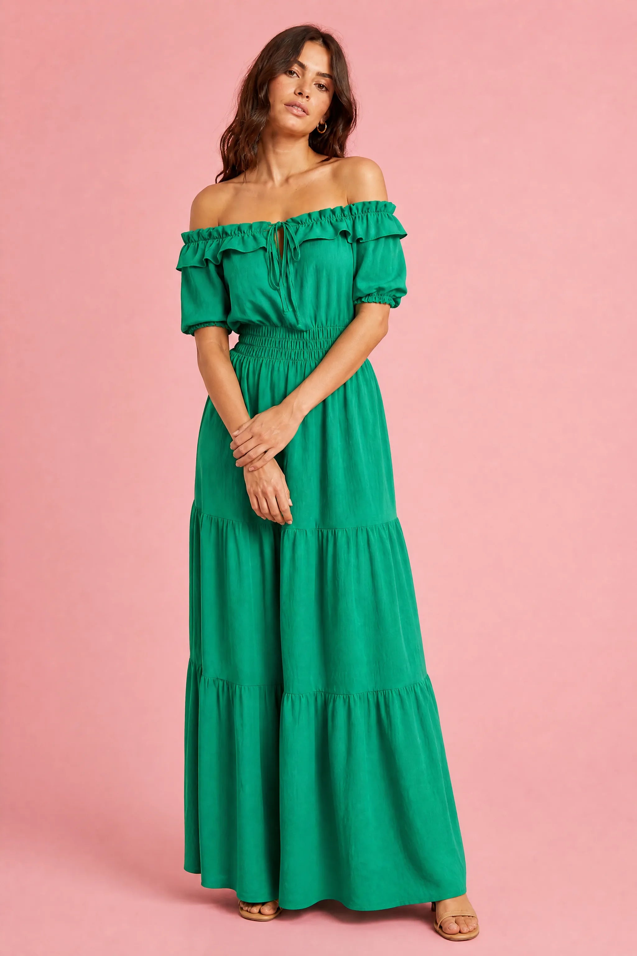 Robe à volants épaules dénudées | Variante Vert | Lounelle Paris