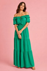 Off-the-Shoulder Ruffle Puff-Sleeve Tiered Maxi Dress