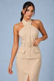 Robe abricot col halter dos nu | Vue rapprochée | Lounelle Paris