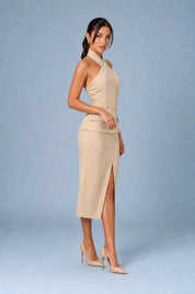 Robe abricot col halter dos nu | Vue de profil | Lounelle Paris