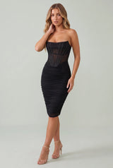 Bandeau Corset-Effect Ruched Midi Dress