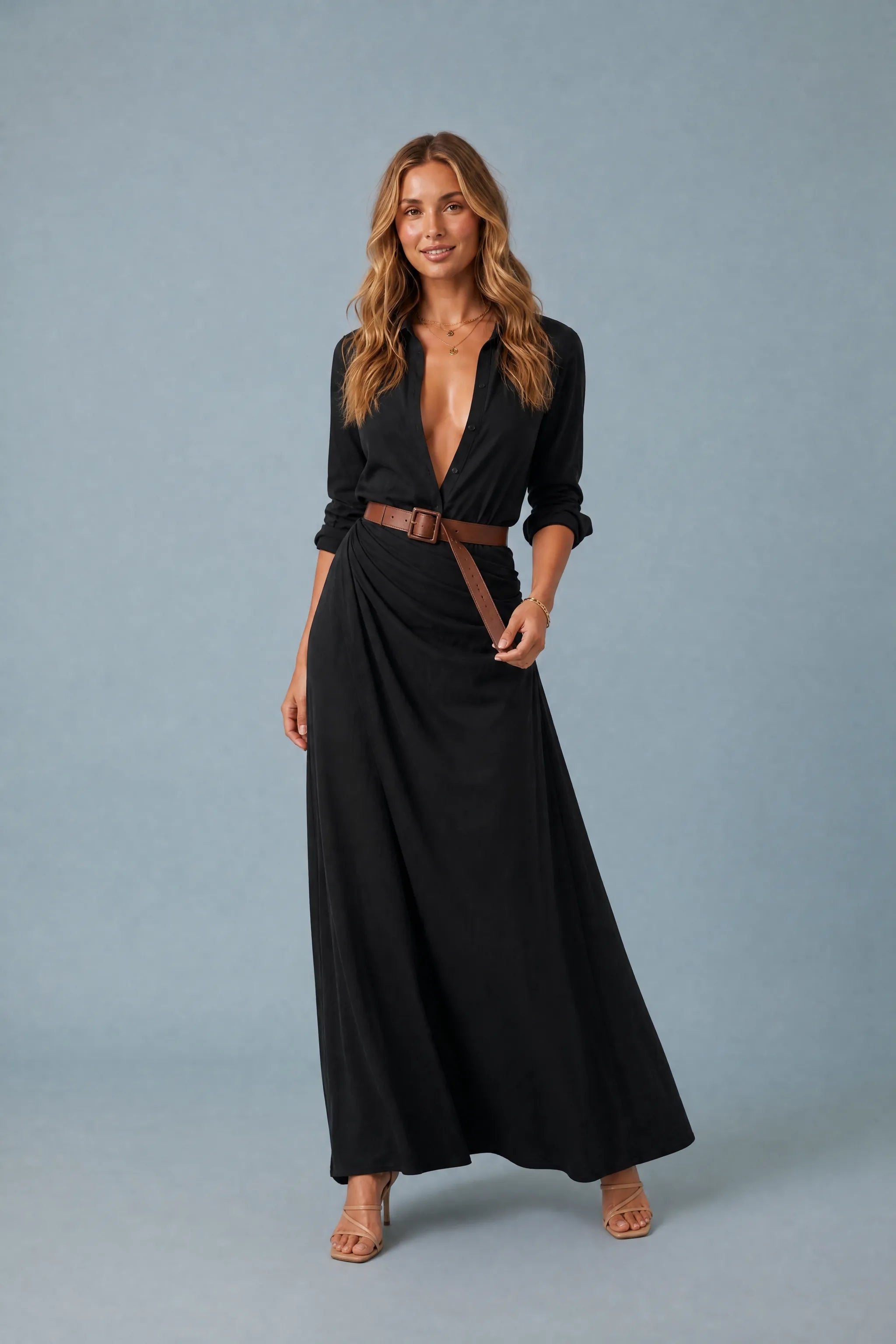 Robe col chemise ceinturée | Variante Noir | Lounelle Paris
