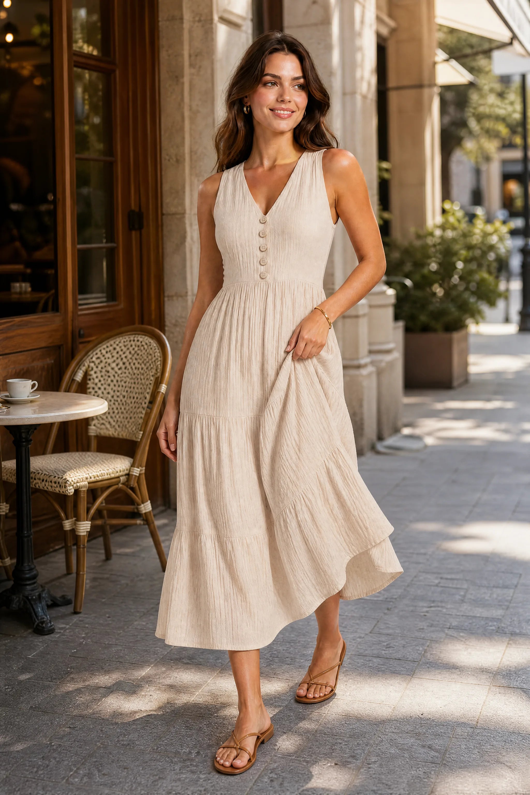 Robe col V à volants | Photo lifestyle | Lounelle Paris