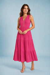Sleeveless V-Neck Button-Front Tiered Midi Dress