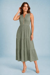 Sleeveless V-Neck Button-Front Tiered Midi Dress