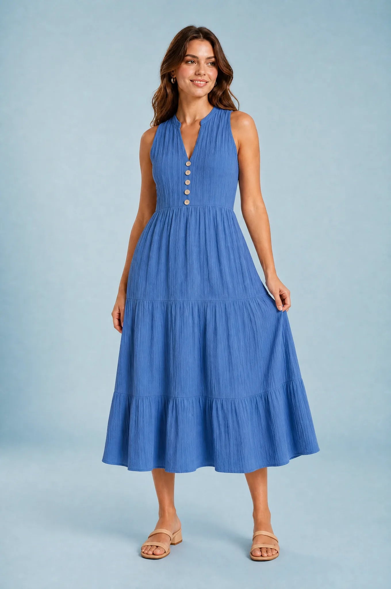Robe col V à volants | Variante Bleu | Lounelle Paris