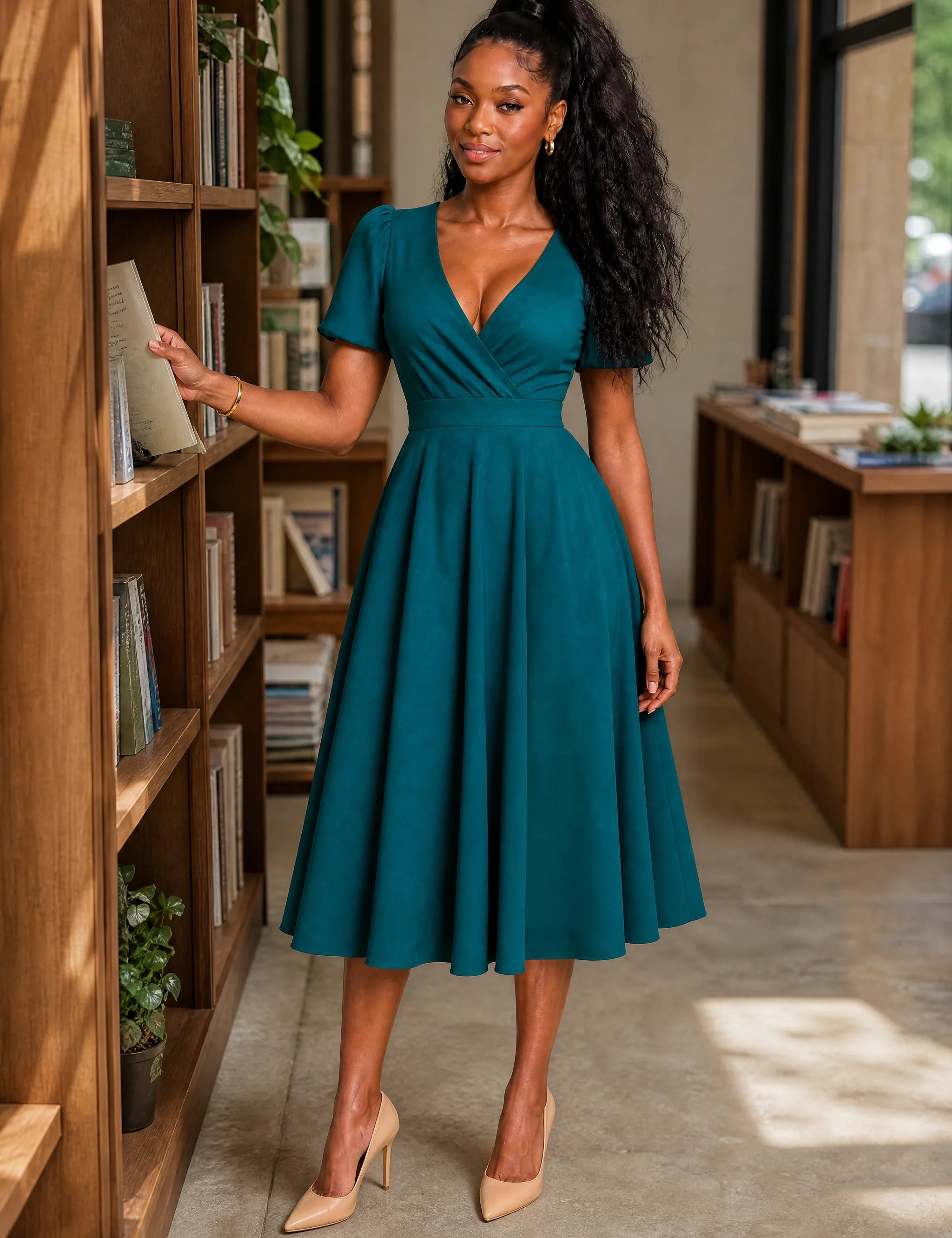 Robe col V croisé manches bouffantes | Variante Vert - Lifestyle | Lounelle Paris