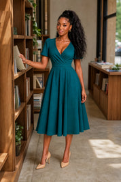 Robe col V croisé manches bouffantes | Variante Vert - Lifestyle | Lounelle Paris