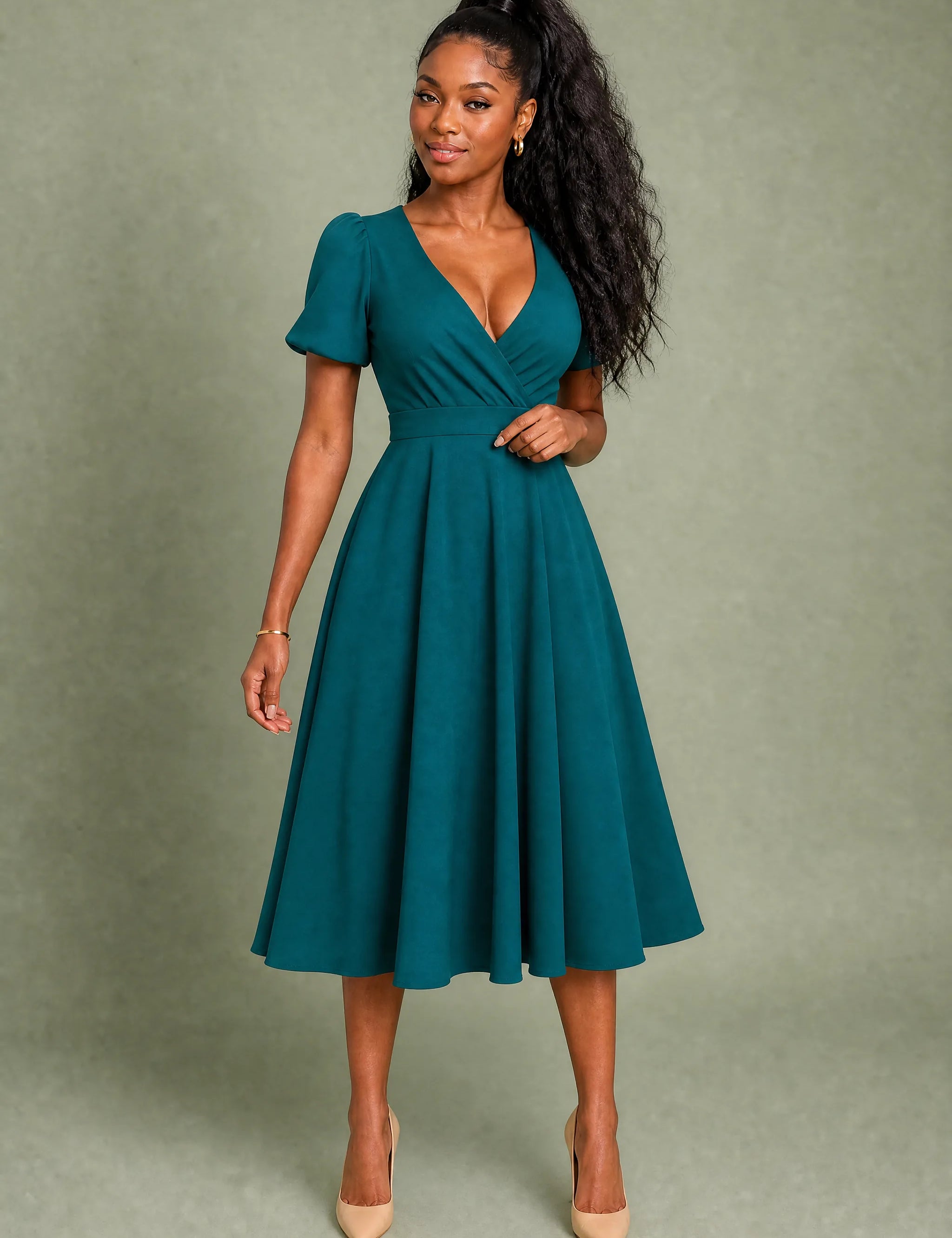 Robe col V croisé manches bouffantes | Variante Vert | Lounelle Paris