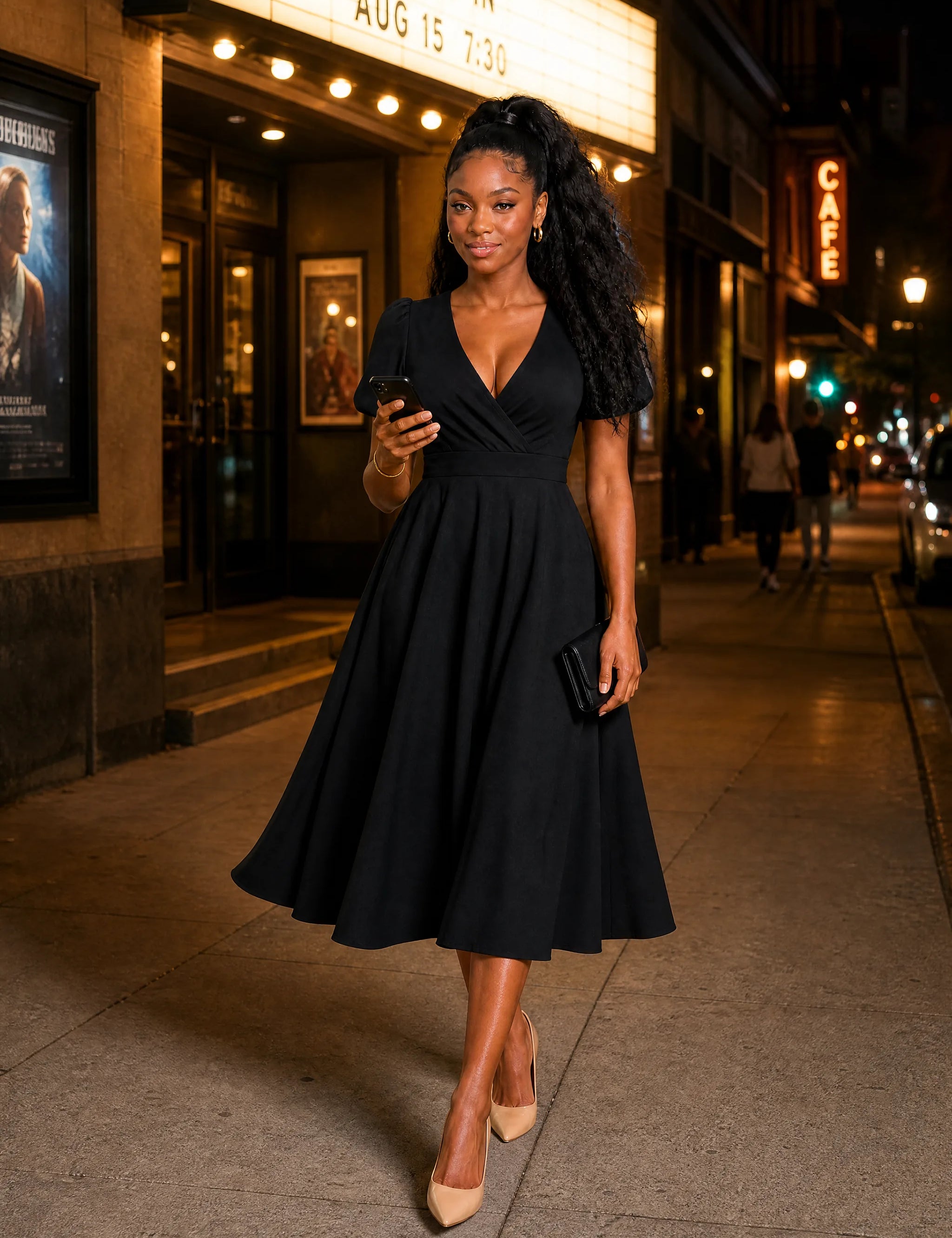 Robe col V croisé manches bouffantes | Variante Noir - Lifestyle | Lounelle Paris