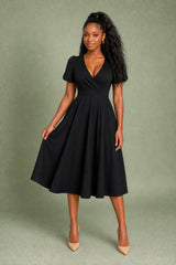 V-Neck Wrap Puff-Sleeve Dress