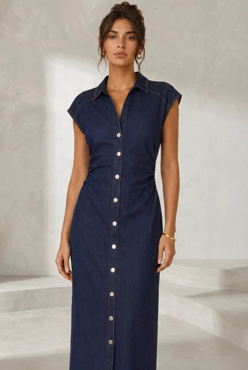 Robe en jean bleu col chemise | Lounelle Paris