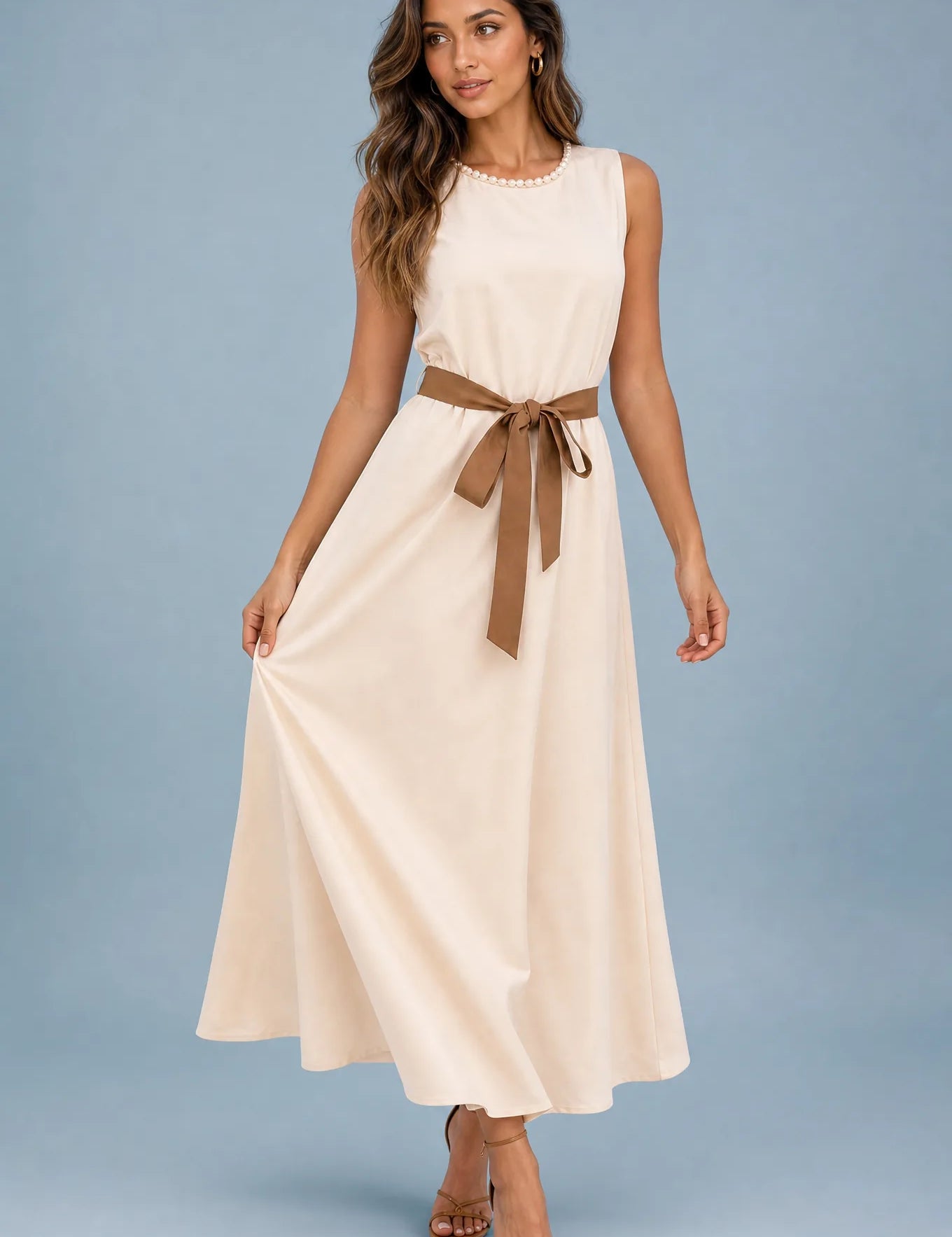 Robe longue abricot sans manches ceinturée | Vue de face | Lounelle Paris