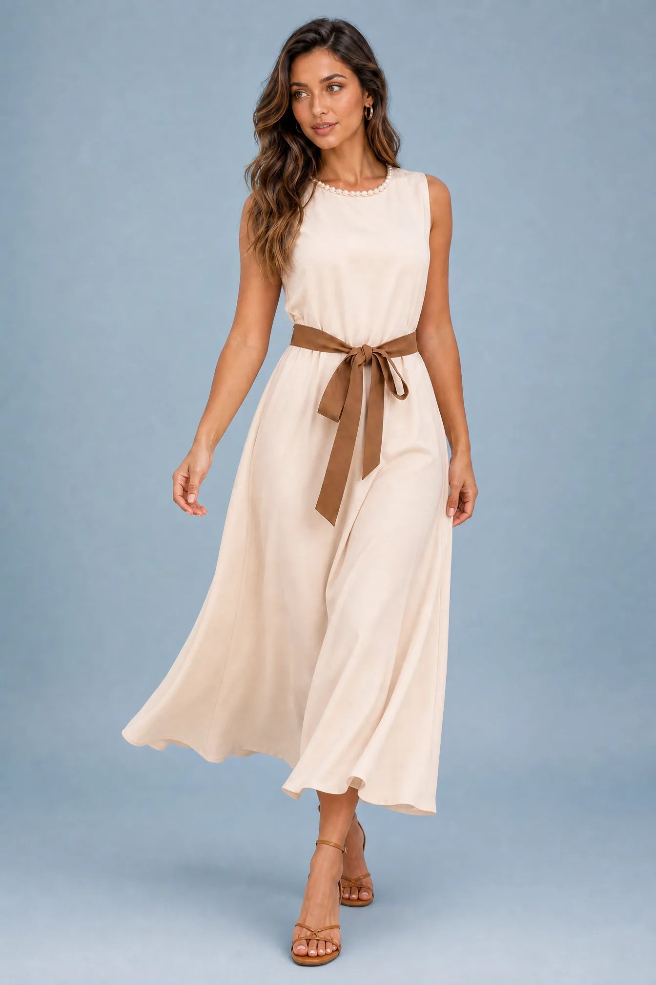 Robe longue abricot sans manches ceinturée | Vue en mouvement | Lounelle Paris