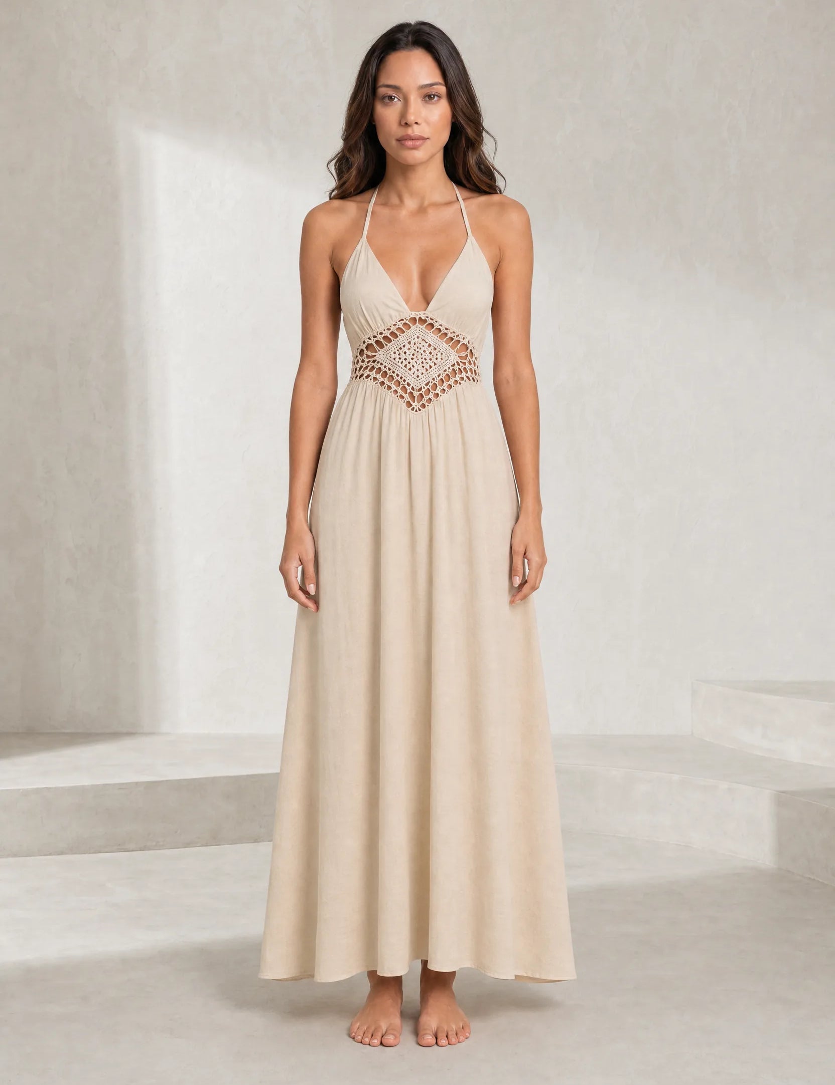 Robe longue Beige col halter | Lounelle Paris