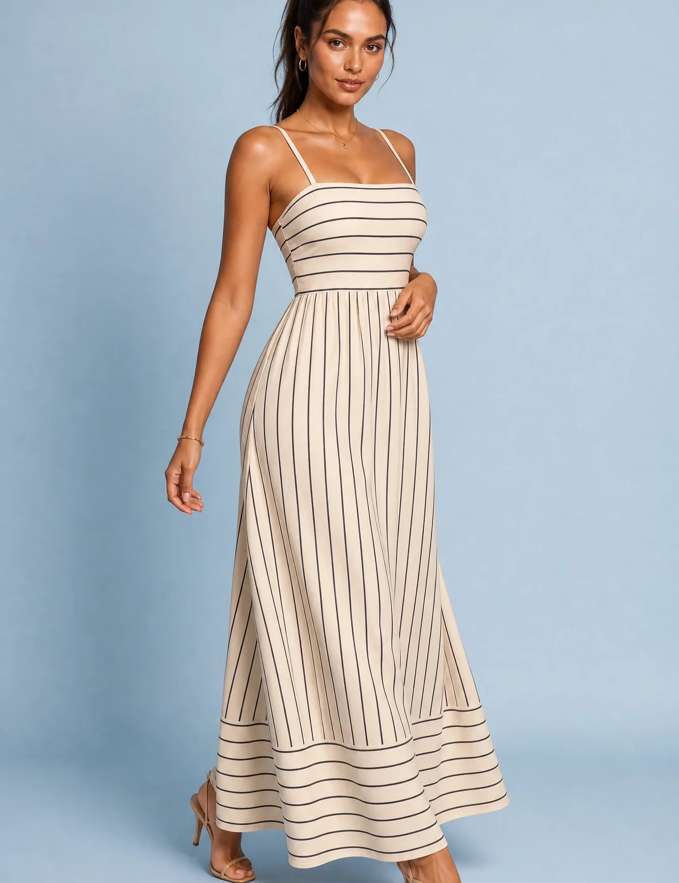Robe longue beige rayée dos nu | Vue de face | Lounelle Paris