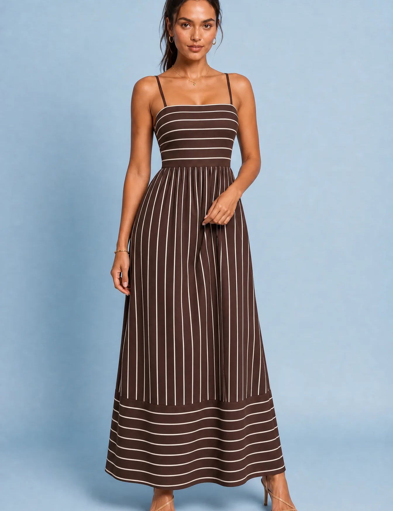 Robe longue beige rayée dos nu | Variante Marron | Lounelle Paris