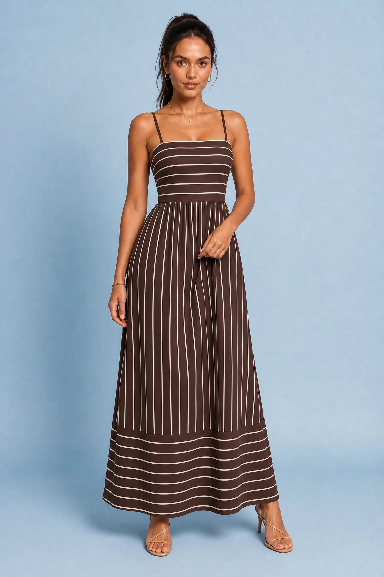 Robe longue beige rayée dos nu | Variante Marron | Lounelle Paris