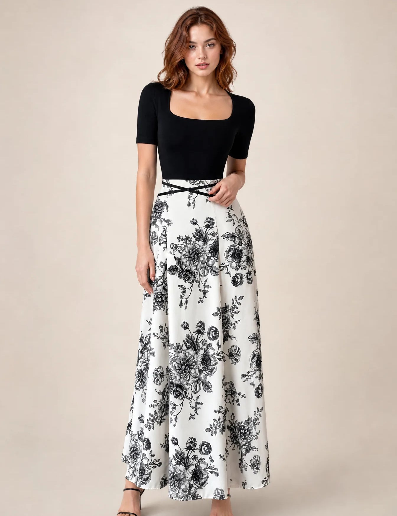 Robe longue bicolore col carré | Vue de face | Lounelle Paris