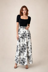 Two-Tone Floral-Print Square-Neck Maxi Dress