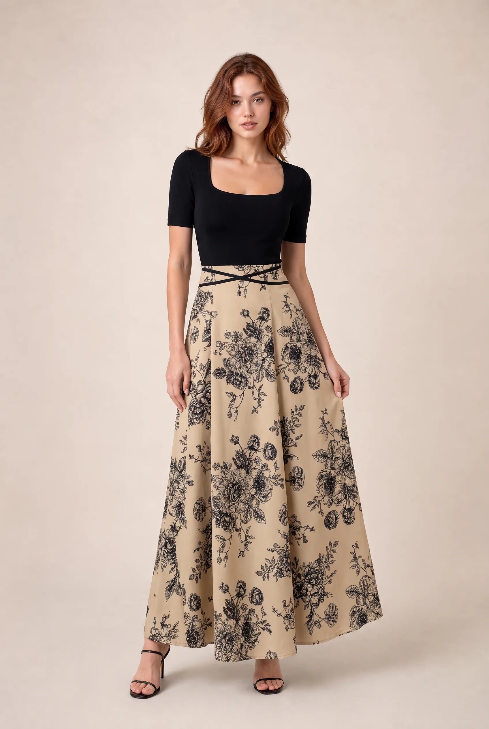 Robe longue bicolore col carré | Variante Beige | Lounelle Paris