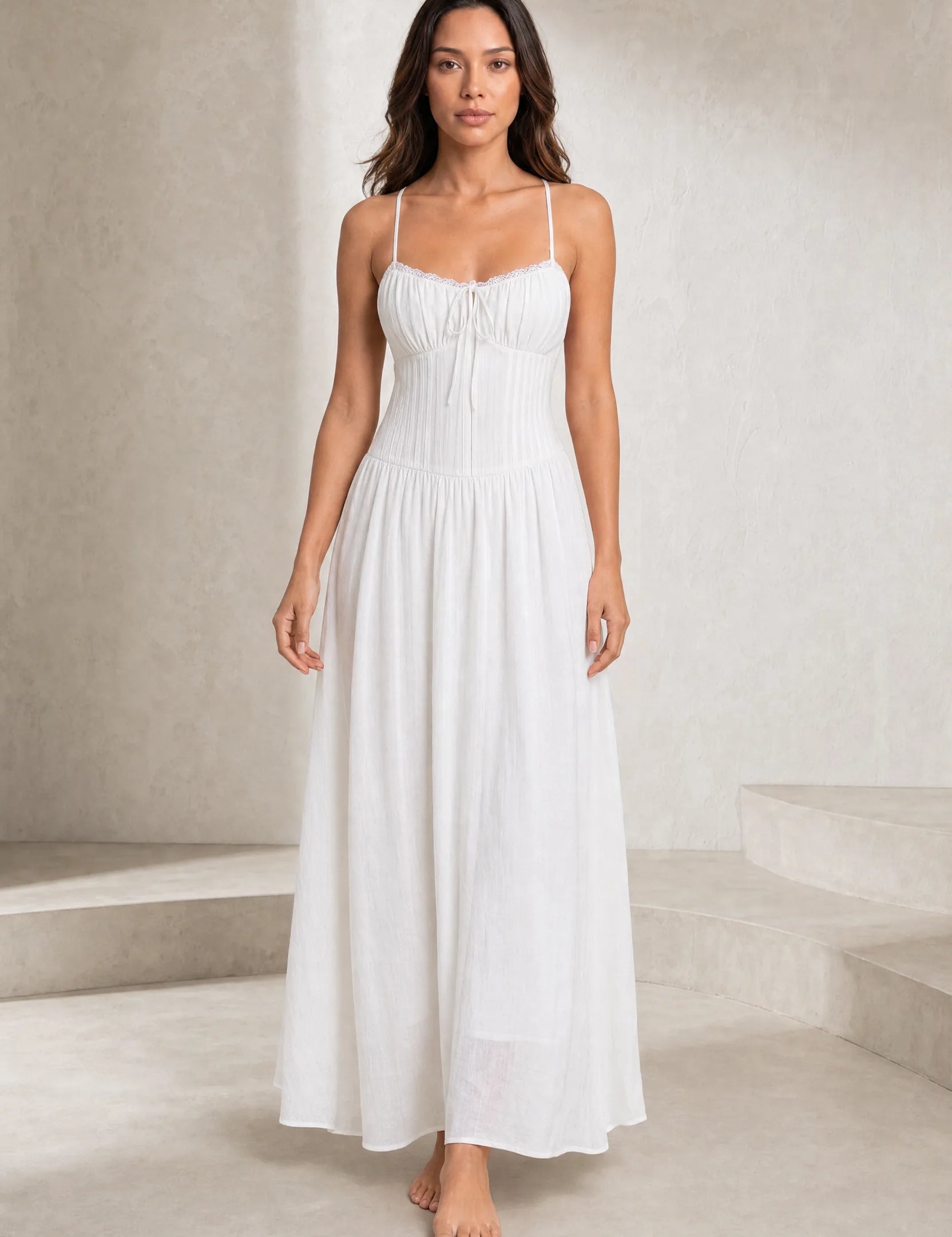 Robe longue blanche bretelles dentelle | Lounelle Paris
