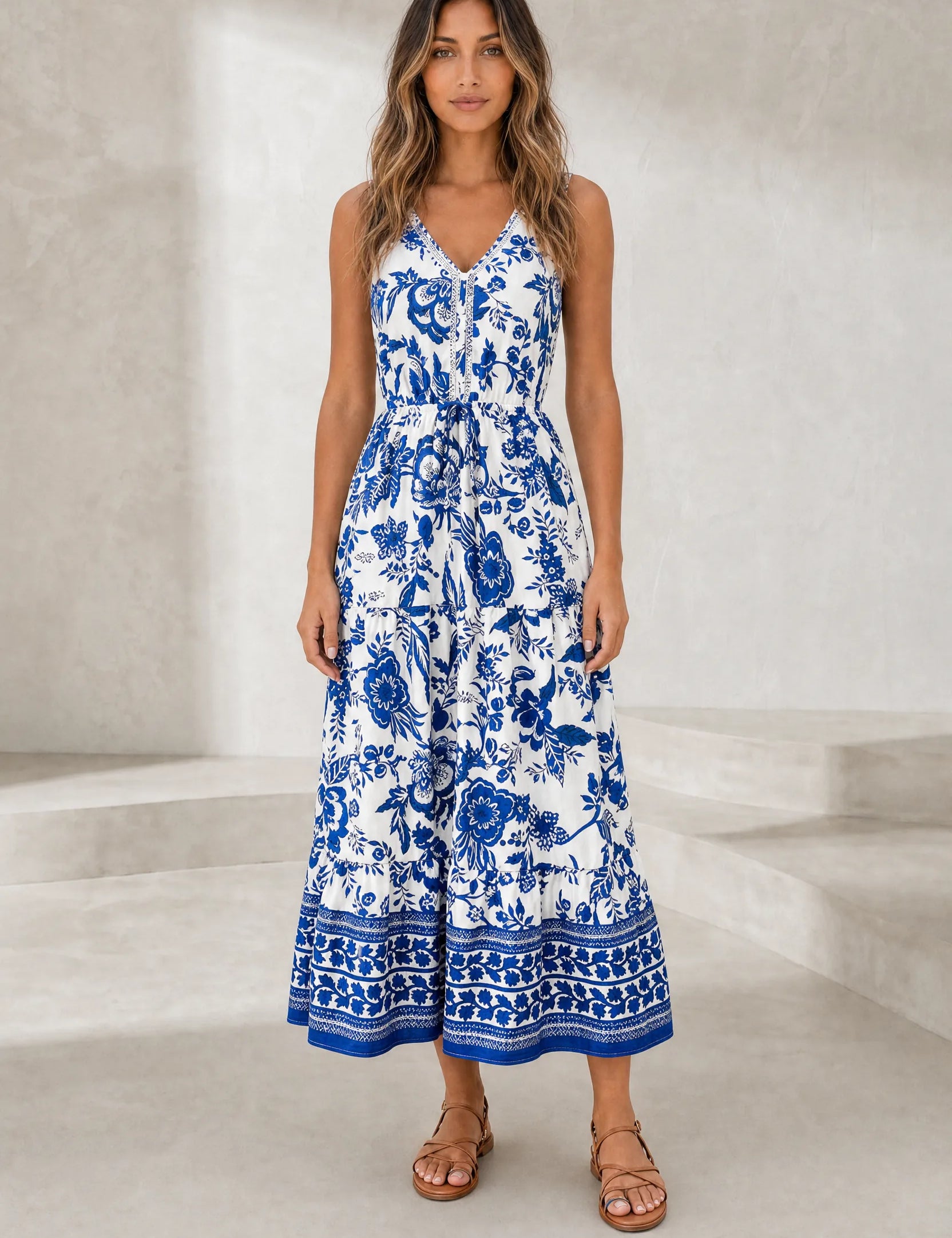 Robe longue blanche col V imprimée | Lounelle Paris
