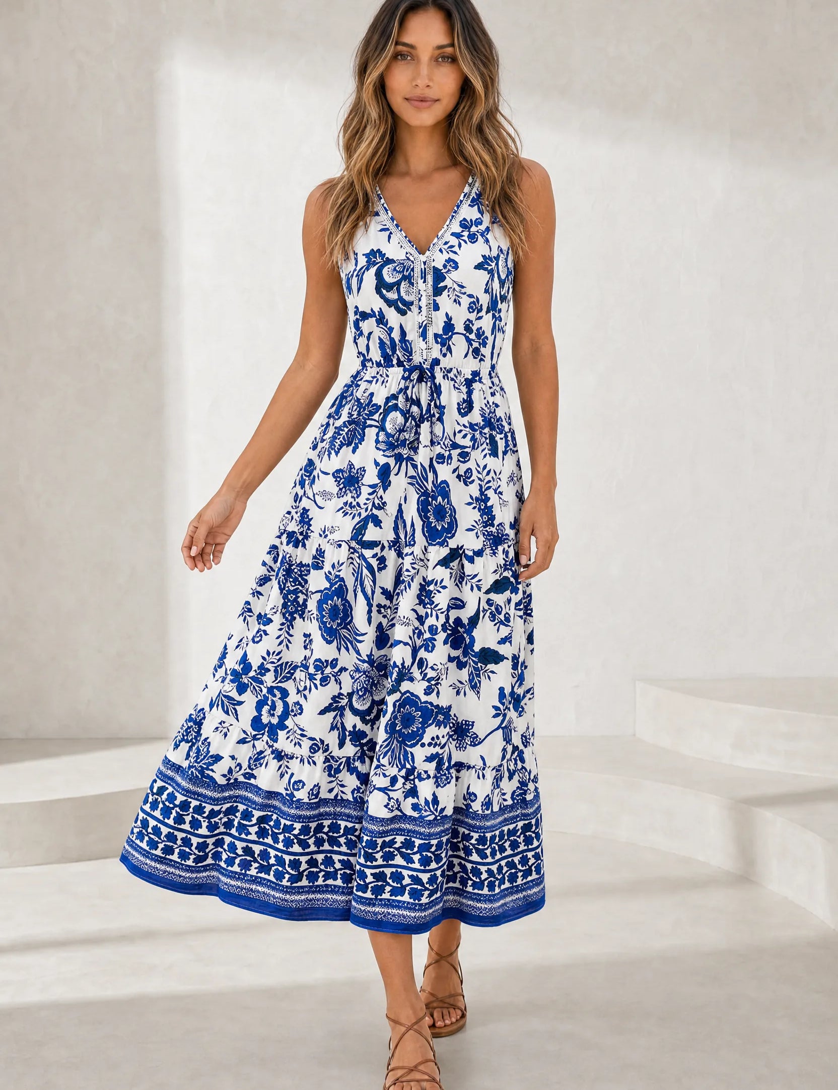 Robe longue blanche col V imprimée | Lounelle Paris