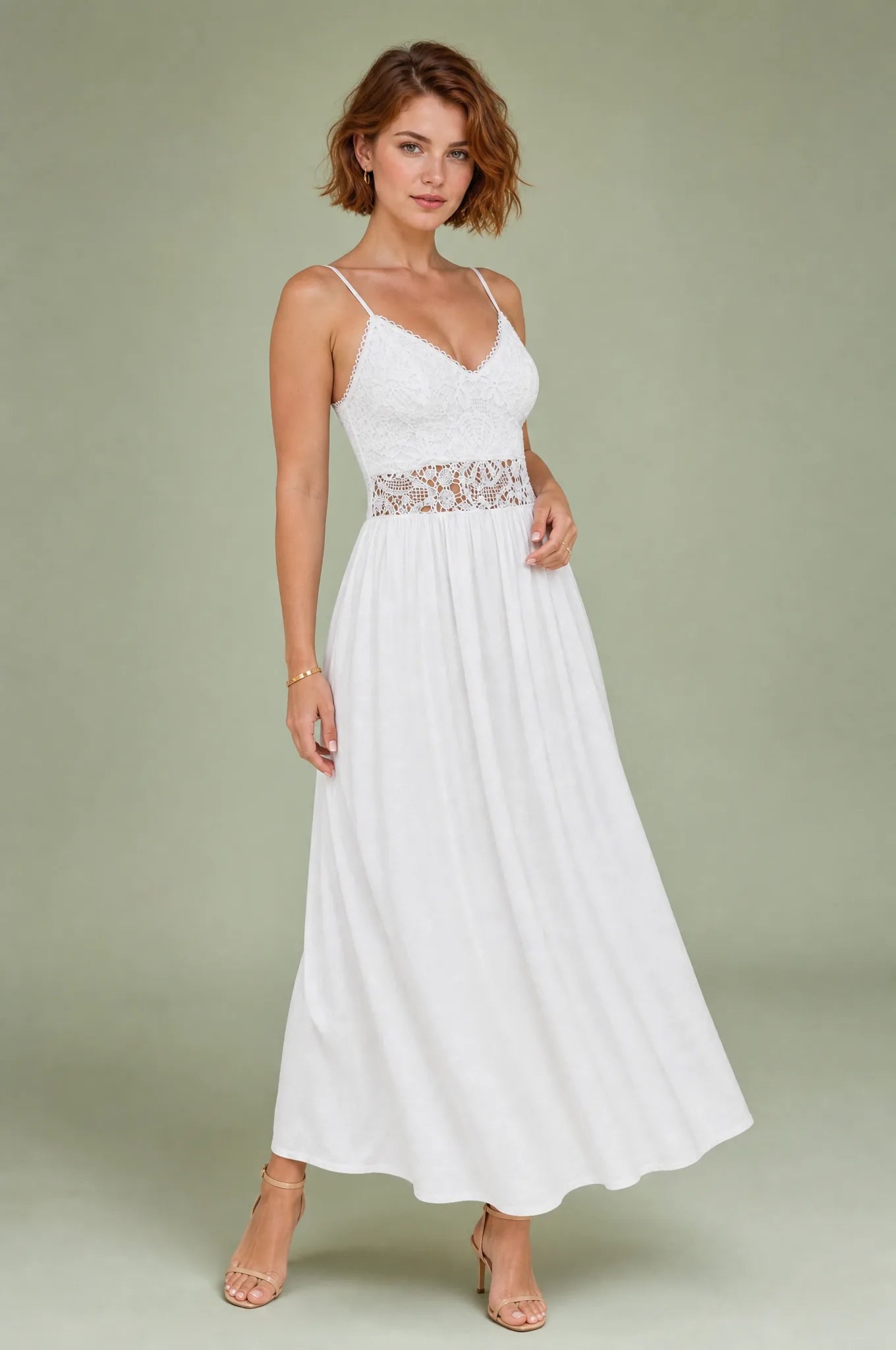 Robe longue blanche en dentelle | Vue de face | Lounelle Paris