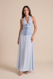 Robe longue bleu clair dos nu | Vue de face | Lounelle Paris